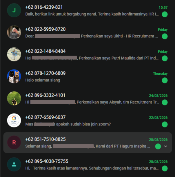 Bukti balasan HRD di WhatsApp setelah Compass auto-apply